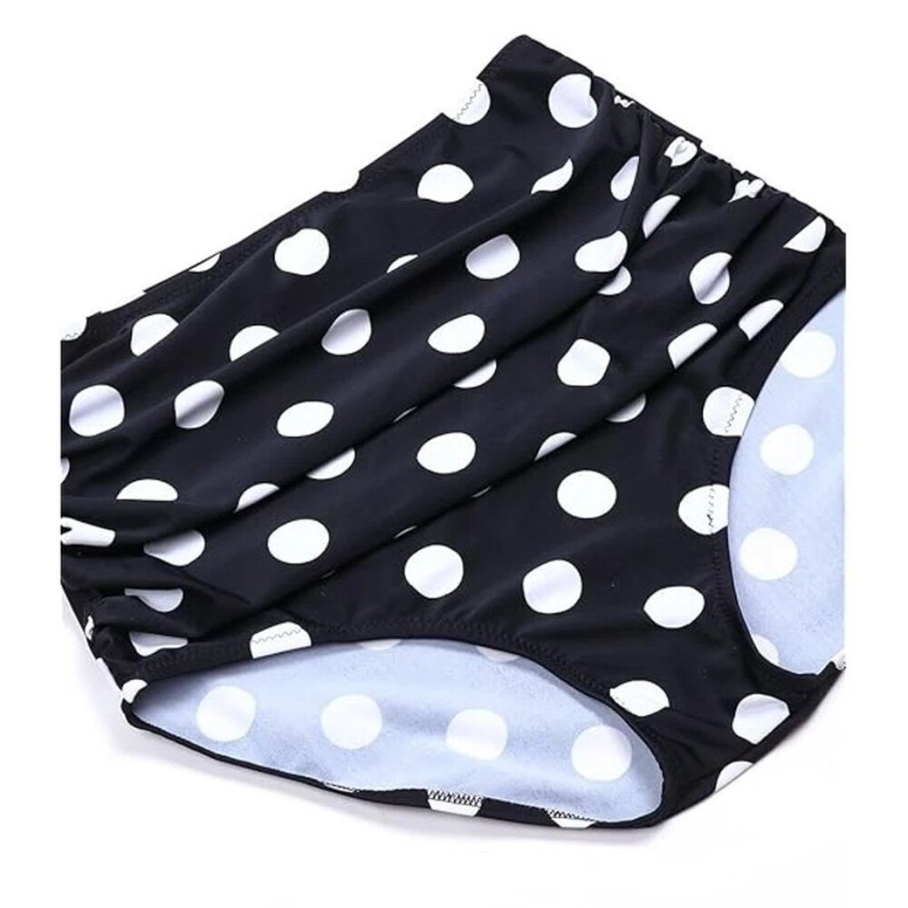 Blue Halter Bikini Top with Black & White Polka Dot High-Waist Bottoms - Picture 7 of 8
